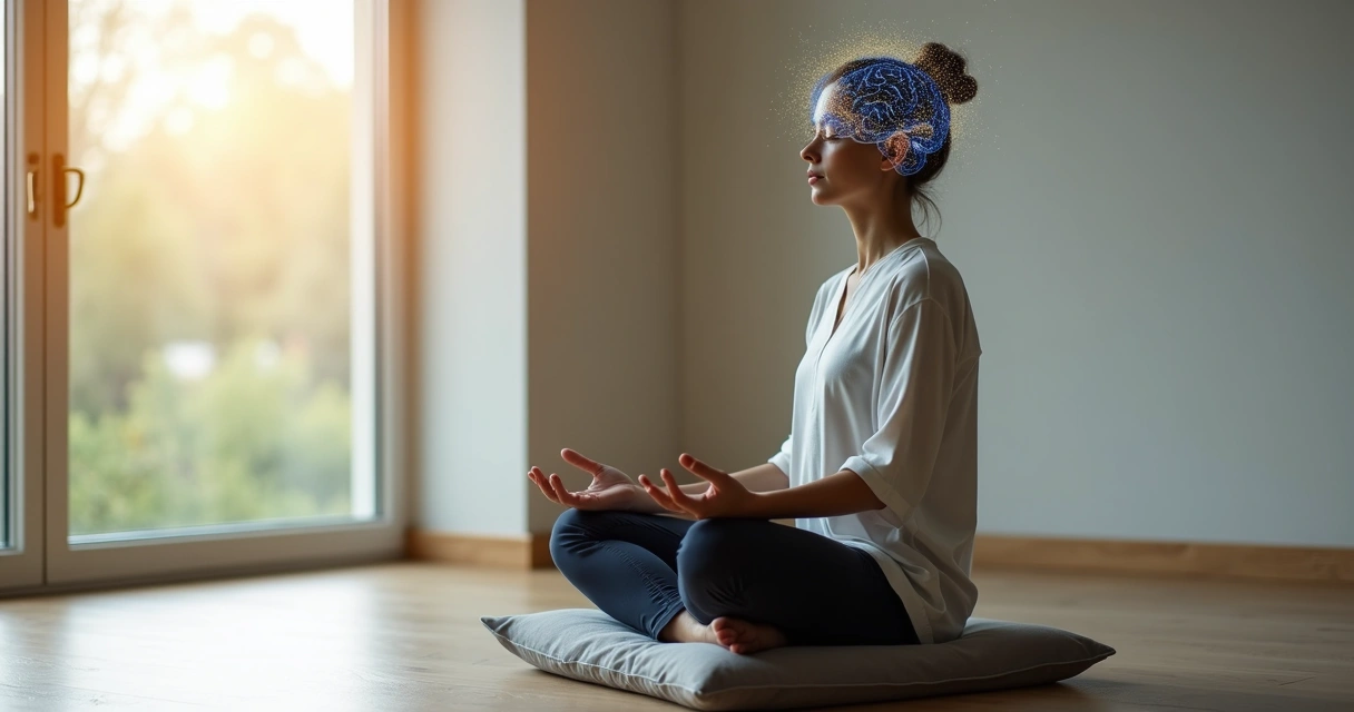 Persona en meditación con visualización de actividad cerebral