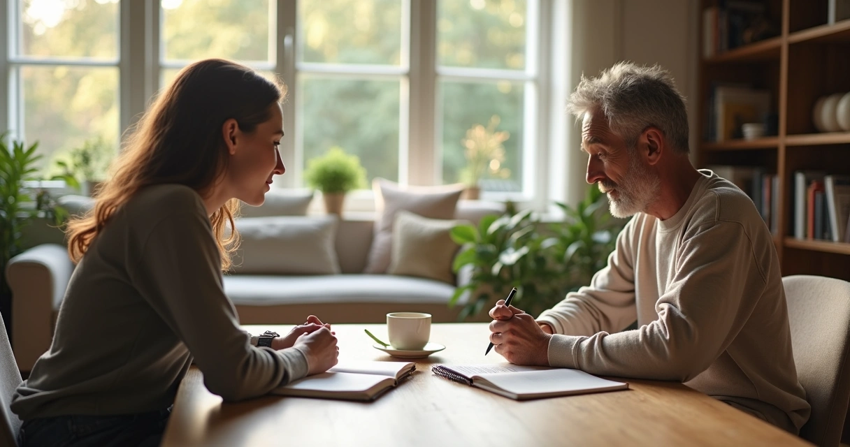 Persona escribiendo en un diario junto a otra persona con gesto de escucha atenta 