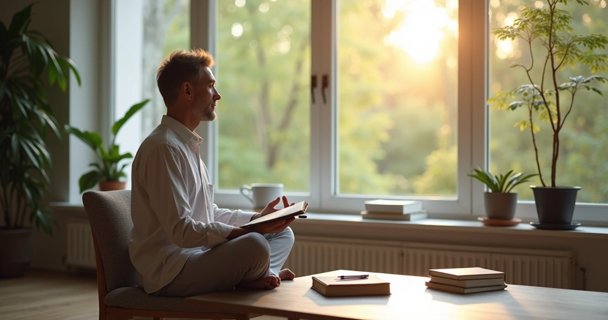 Persona sentada reflexionando frente a una ventana luminosa 
