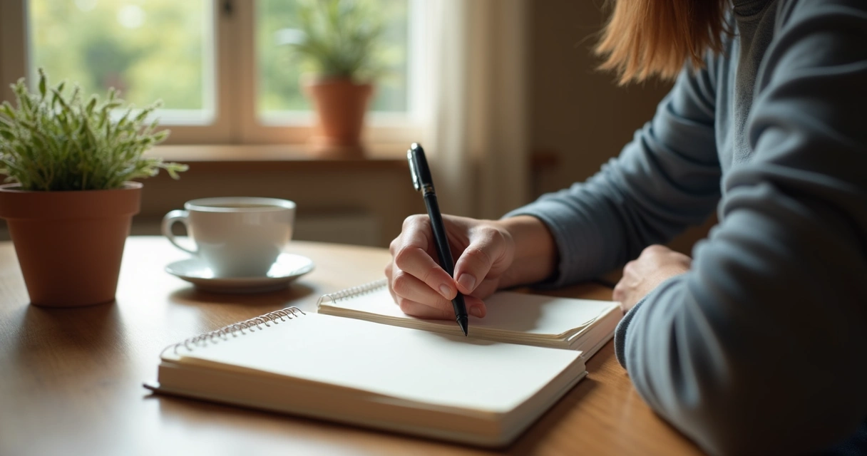 Persona escribiendo en cuaderno junto a una taza y luz natural 