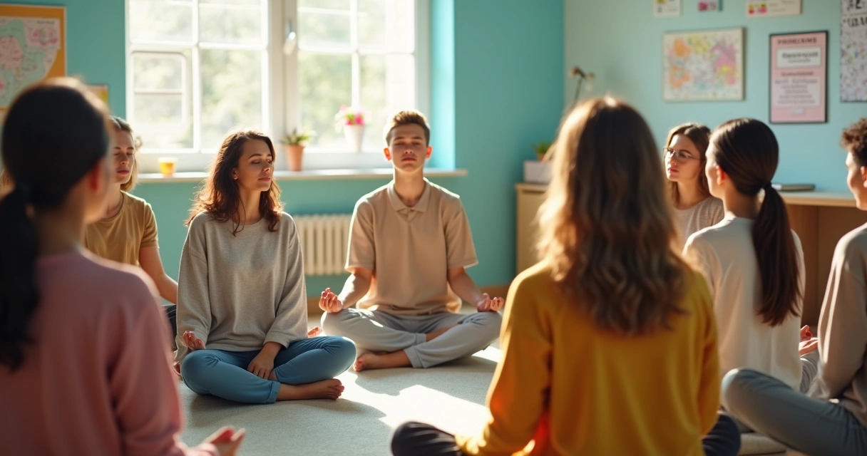 Estudiantes sentados en círculo practicando meditación en el aula