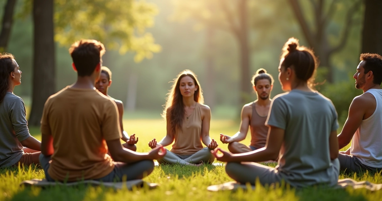 Personas practicando meditación grupal en un entorno natural 