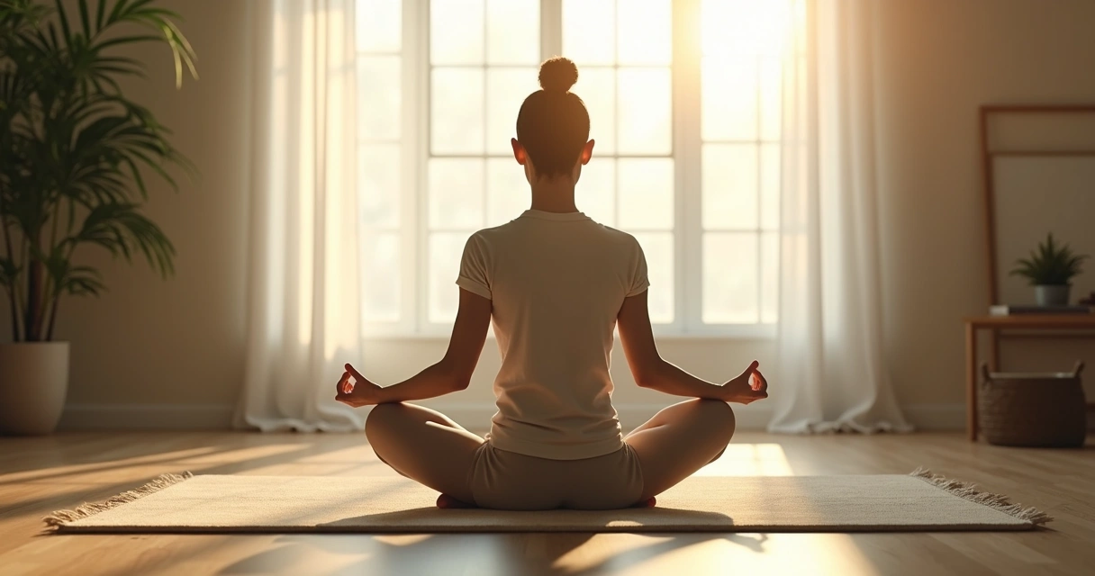 Persona meditando sentada en una alfombra por la mañana