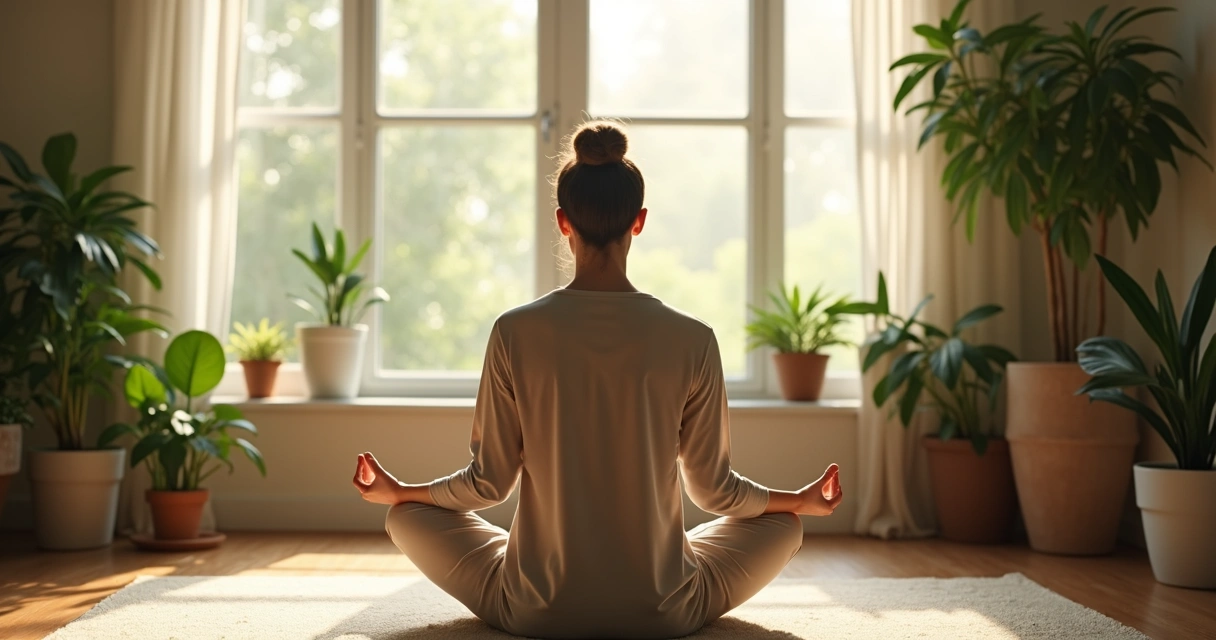 Persona sentada en posición de meditación en una sala acogedora, con luz natural y plantas alrededor