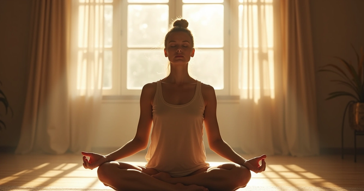 Persona sentada en postura meditativa en un entorno tranquilo, con luz suave entrando por la ventana