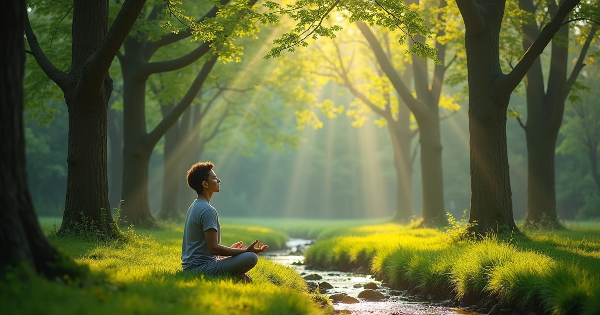 Persona meditando en naturaleza tranquila, rodeada de árboles y luz natural 