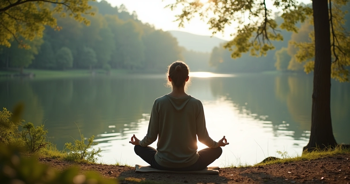 Persona sentada meditando junto a lago natural 