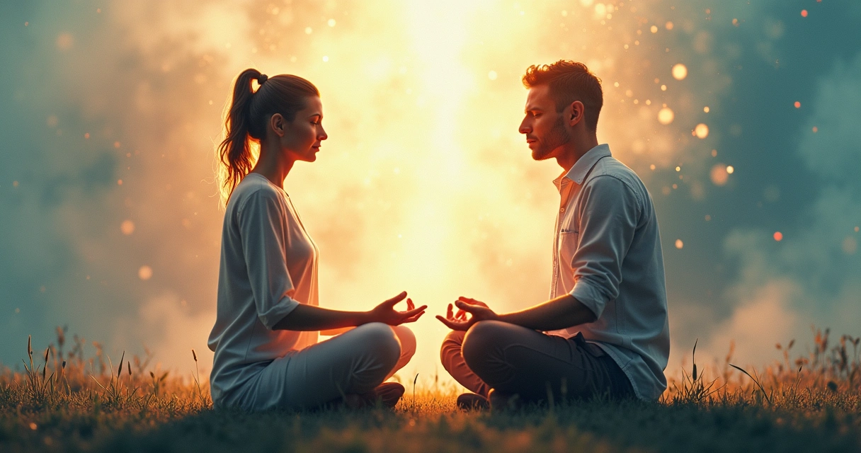 Dos personas meditando, una con expresión serena y postura tradicional, otra con mirada reflexiva y fondo abstracto de colores cálidos y fríos