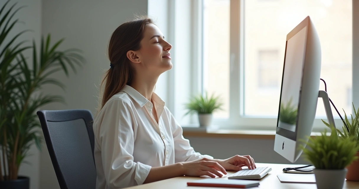 Persona haciendo micro-práctica de respiración consciente en la oficina 