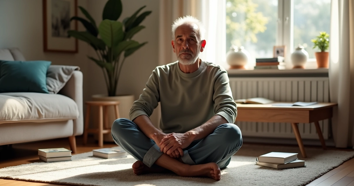 Persona sentada en el salón de casa en actitud meditativa, con objetos cotidianos alrededor 