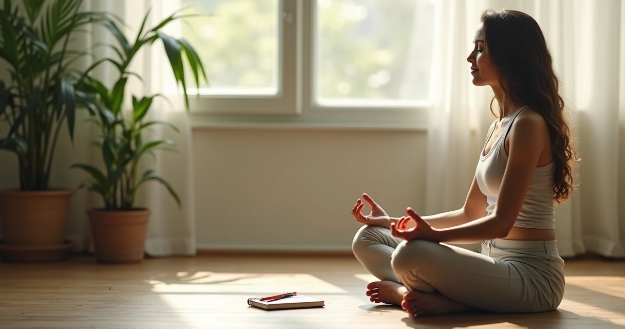 Persona meditando y escribiendo en una libreta pequeña 
