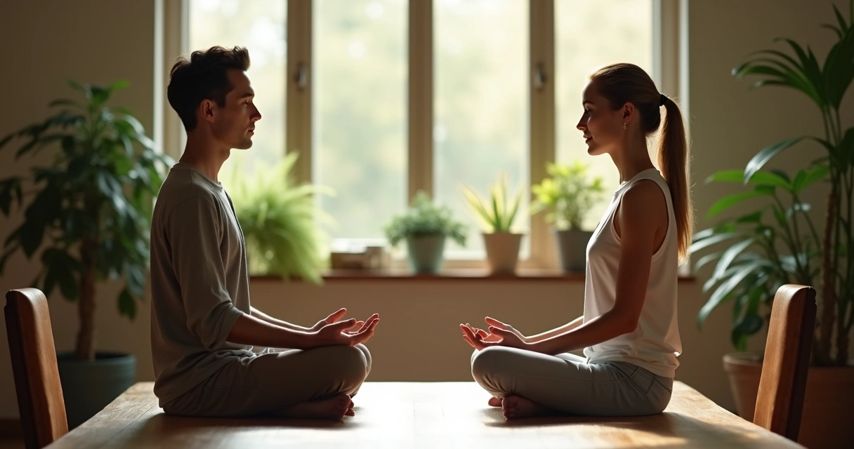 Persona en postura de meditación, expresión serena, dialogando con otra persona 