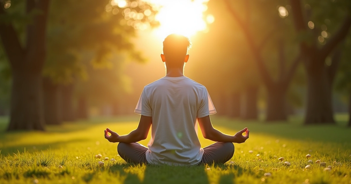 Persona meditando en un parque al amanecer