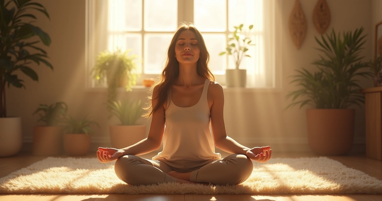 Persona sentada meditando y respirando profundamente en un entorno cálido, con luz natural 