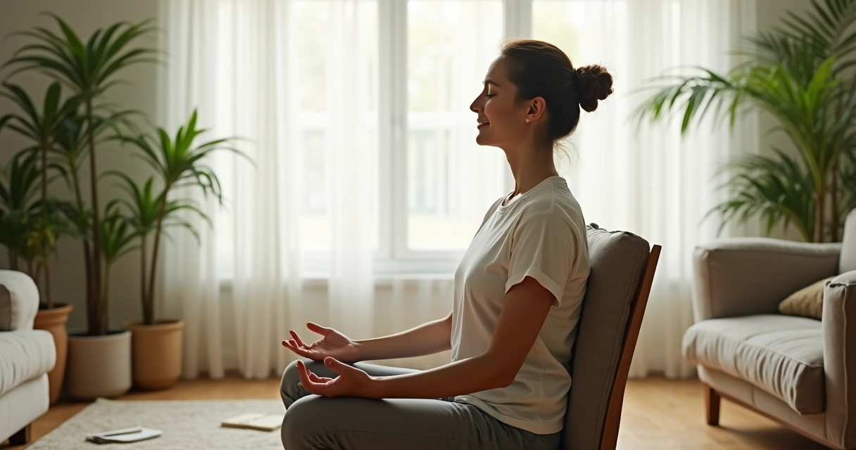 Persona sentada en casa practicando respiración consciente