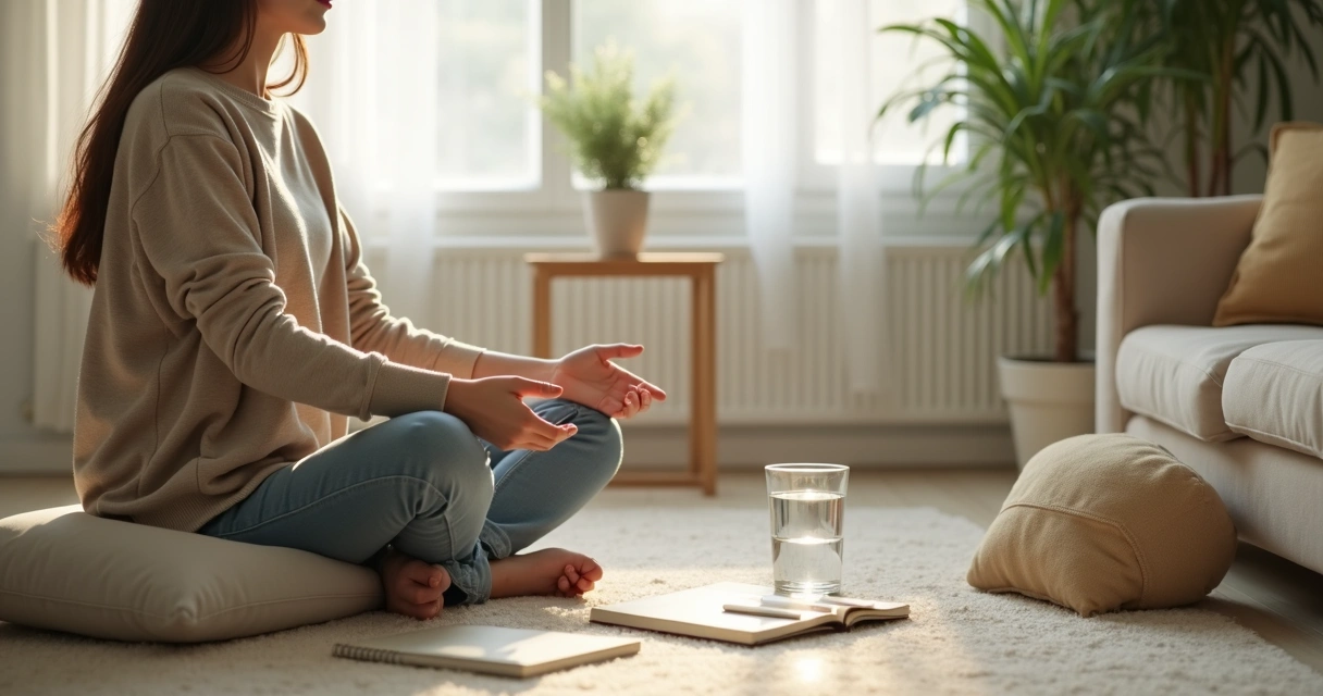 Persona sentada en casa practicando respiración consciente