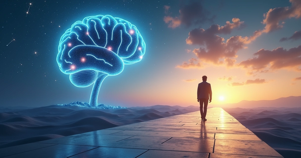 Person walking on a path between abstract brain and philosophical symbols 