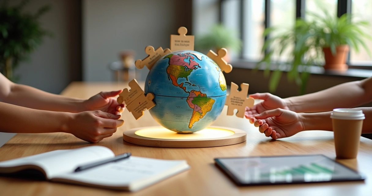 Diverse people connecting puzzle pieces over a glowing earth on a wooden table 