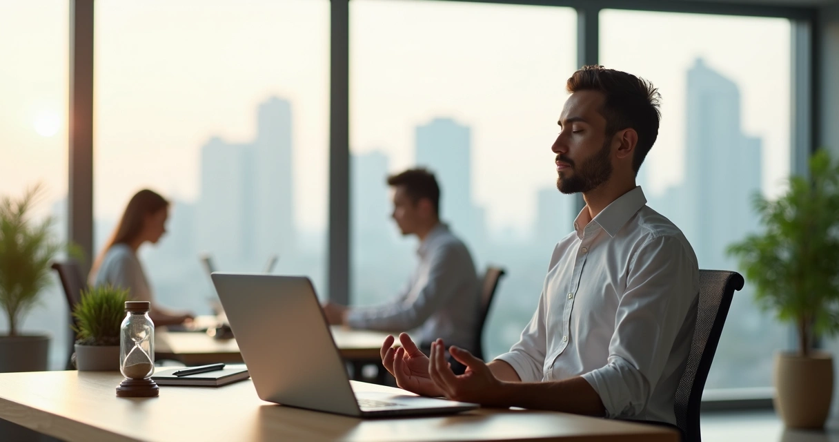 Professional meditating at desk in calm modern office 