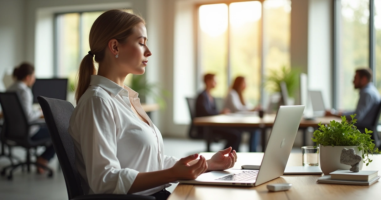 Professional woman meditating at desk in modern office 