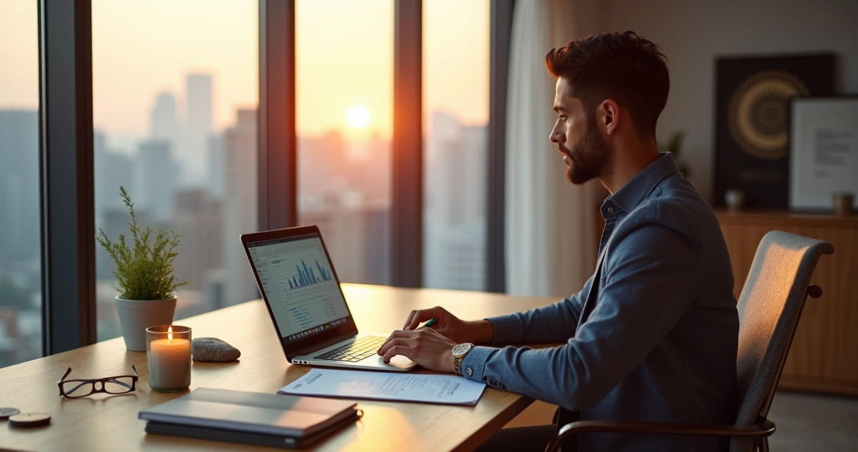 Professional at desk balancing work tools with subtle spiritual symbols 