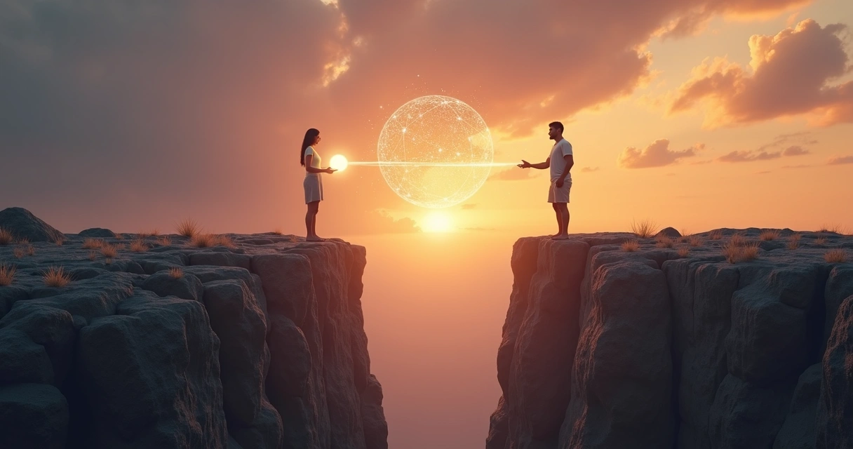 Two people on opposite cliffs building a light bridge toward each other 