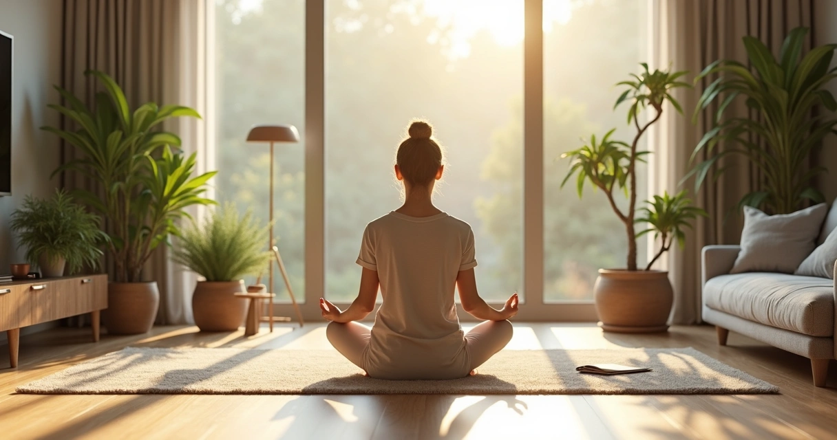 Persona sentada cruzando las piernas, meditando en casa contemporánea con plantas y luz natural 