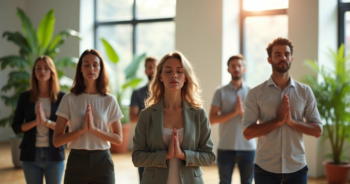 Equipo realizando ejercicios de presencia y respiración en oficina 