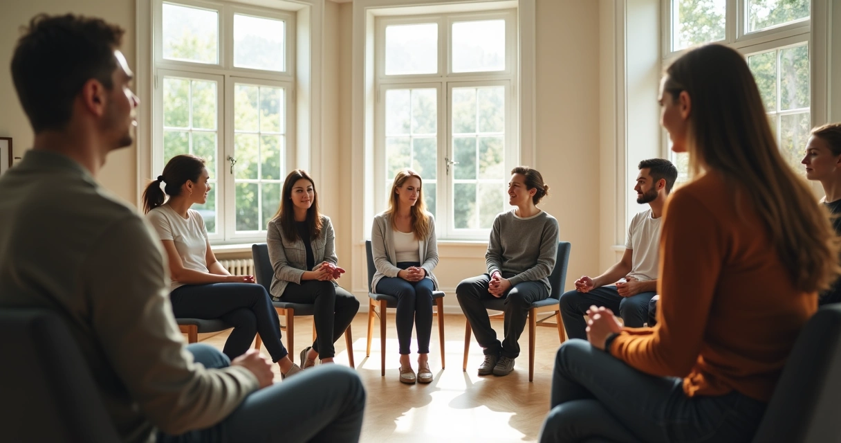 People sitting in a circle, speaking and listening with attention. 