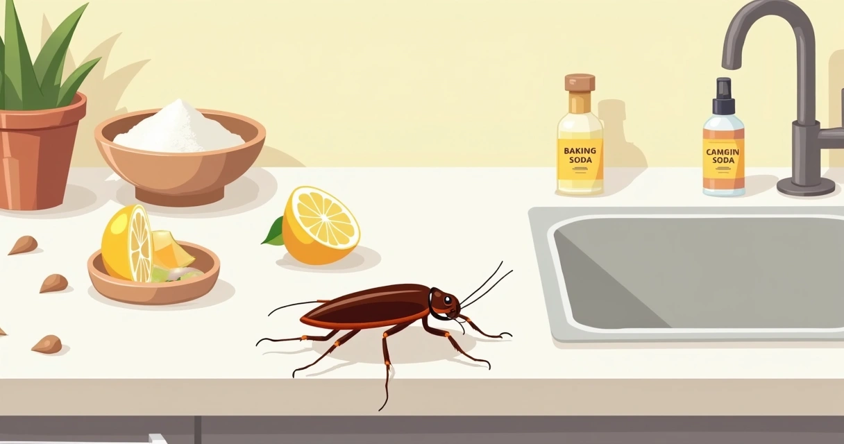 Barata sobre bancada de cozinha com frascos de ingredientes domésticos ao fundo 