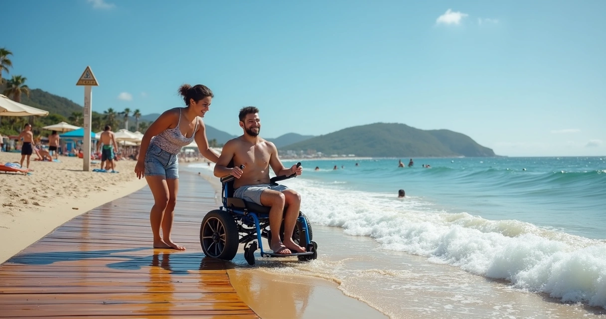 Cadeira anfíbia sendo usada por pessoa na praia de Florianópolis 