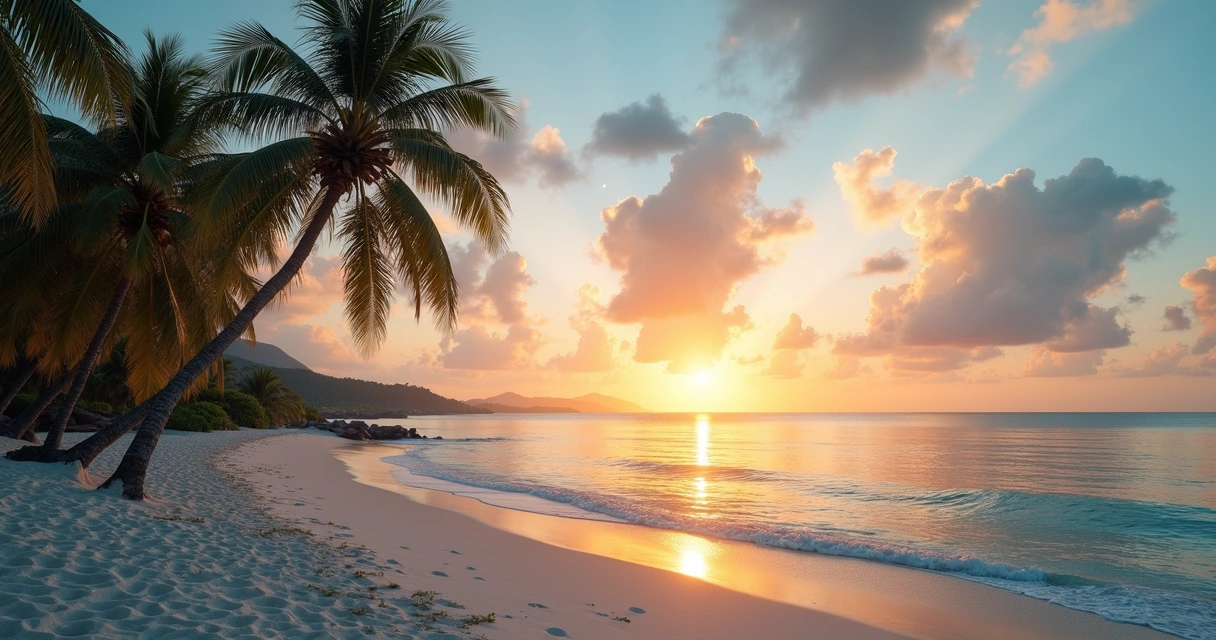 Praia deserta ao amanhecer, areia clara e mar calmo ao fundo 