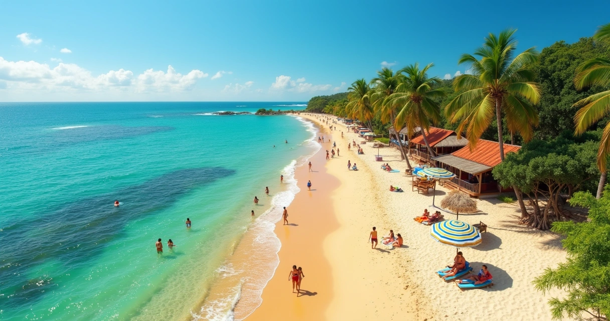 Famílias caminhando na areia clara de uma praia em Arraial d’Ajuda com mar calmo e quiosques ao fundo 