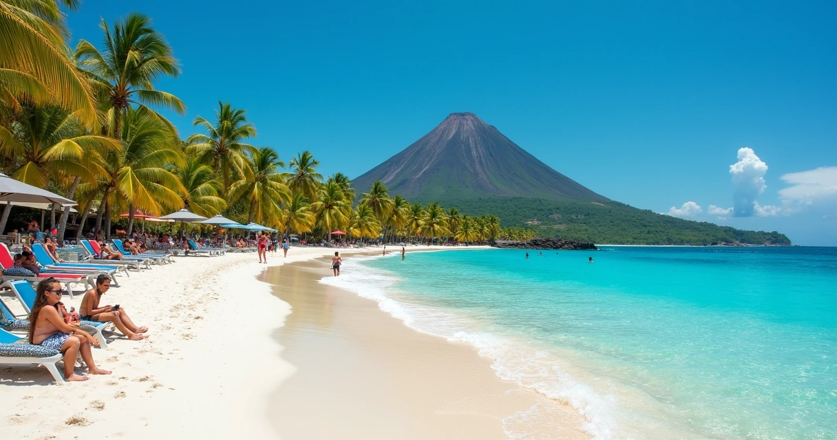 Praia artificial com piscina de ondas e vista do vulcão Krakatau 