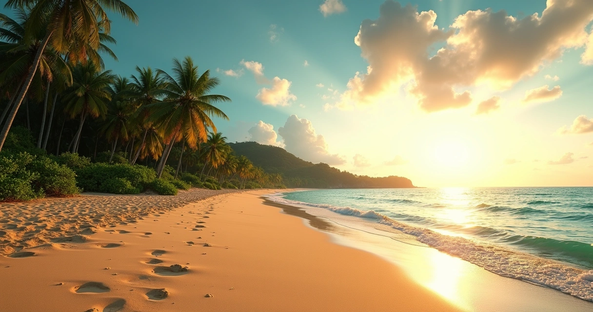Coqueiros e mar tranquilo na Praia de Bainema ao entardecer 