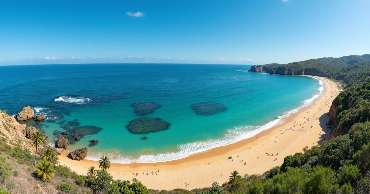 Vista panorâmica da Praia da Barra de São Miguel, areia clara, mar azul turquesa com piscinas naturais formadas por recifes, pessoas caminhando na orla e crianças brincando na beira, coqueiros ao fundo, céu claro. 