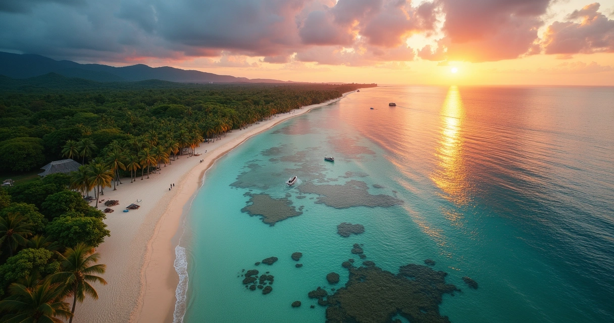 Vista aérea de praia em Boipeba com piscinas naturais e pôr do sol dourado 