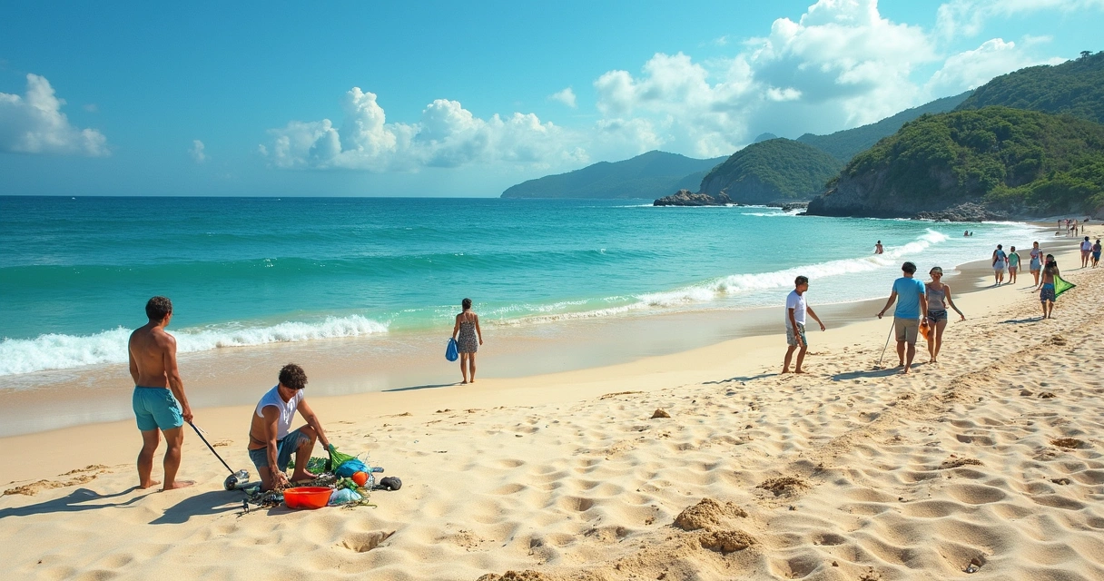 Praia brasileira limpa com turistas praticando turismo responsável 