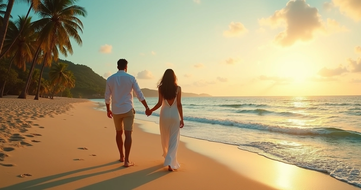 Casal caminhando em praia paradisíaca brasileira ao pôr do sol 