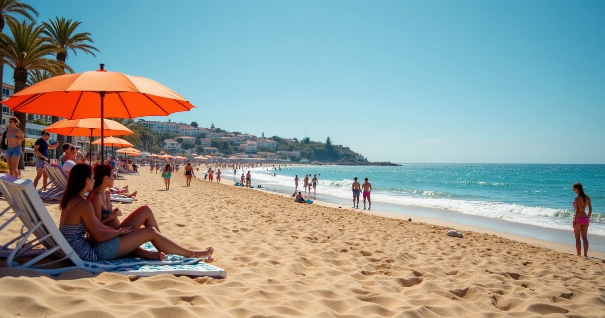Turistas felizes na praia de Cascais em Portugal 