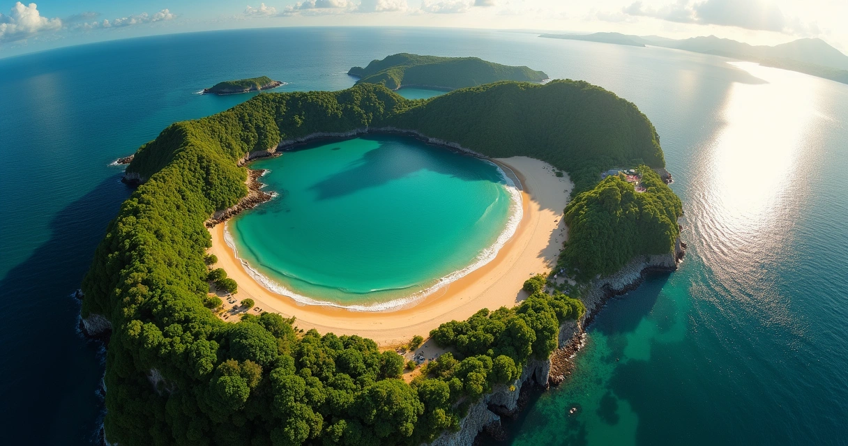 Vista aérea da Praia de Castelhanos em formato de coração na mata atlântica