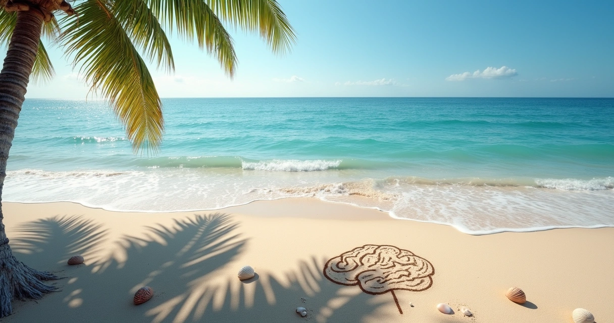 Mar calmo com céu azul e cérebro desenhado na areia 