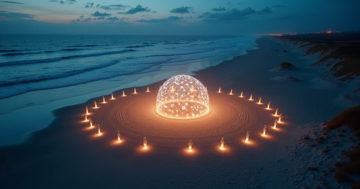 Silhuetas diversas formando círculo luminoso sobre praia vista de cima 