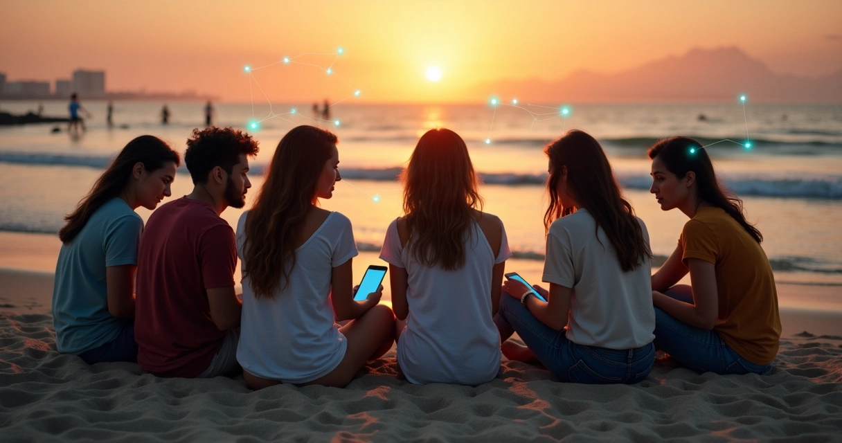 Amigos em roda na praia ao entardecer com linha digital conectando celulares 