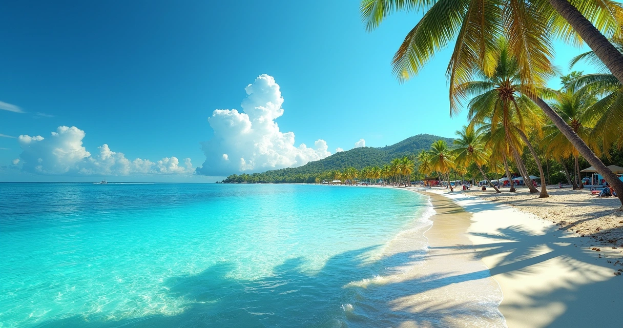 Sol brilhante, céu azul e coqueiros ao redor da água transparente de Maragogi