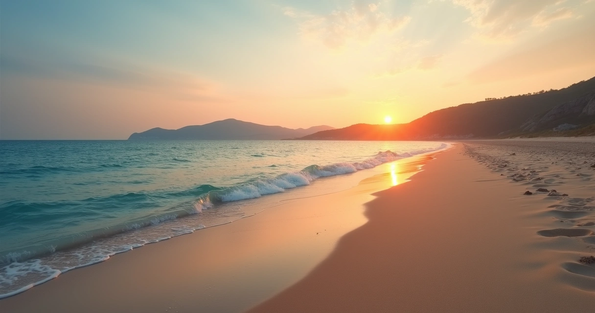Paisagem de praia deserta ao amanhecer, com areia clara, mar calmo e céu colorido 