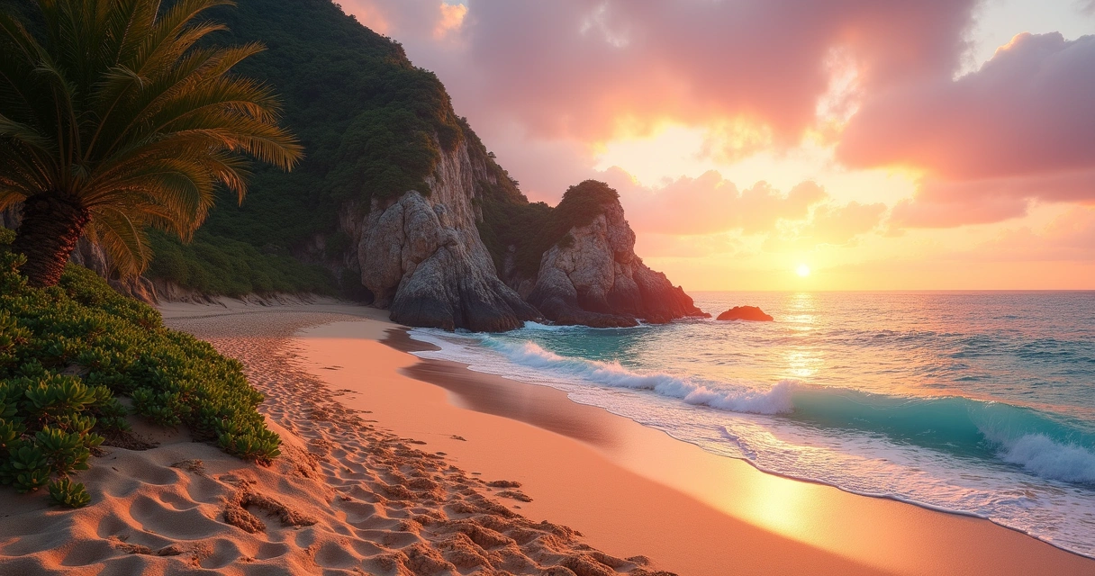 Praia deserta com areia dourada e pedras naturais ao pôr do sol 