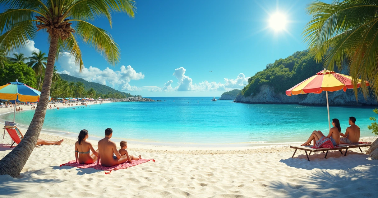 Areia branca e mar azul em praia no Brasil, destino turístico 
