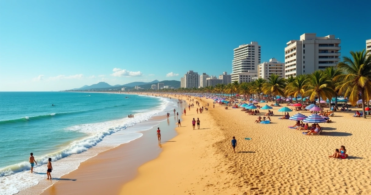 Areia e mar da praia do Calhau com quiosques e turistas