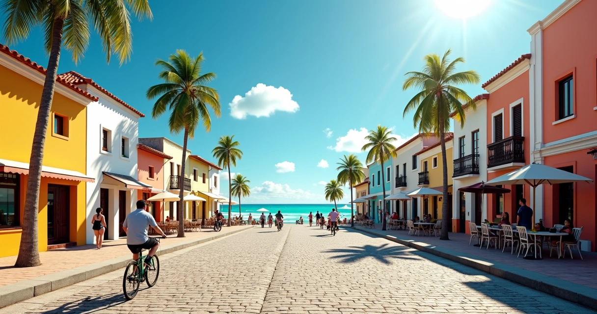 Centro de Praia do Forte com casario e praia ao fundo 